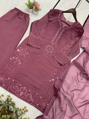 onion pink color sequence embroidery and mirror work chanderi salwar suit 3