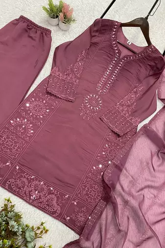 onion pink color sequence embroidery and mirror work chanderi salwar suit
