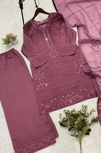 onion pink color sequence embroidery and mirror work chanderi salwar suit