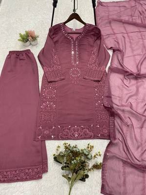 onion pink color sequence embroidery and mirror work chanderi salwar suit 5