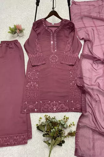 onion pink color sequence embroidery and mirror work chanderi salwar suit