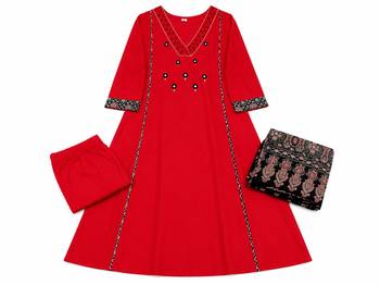 Floral embroidered v neck cotton kurta trouser & dupatta set 6