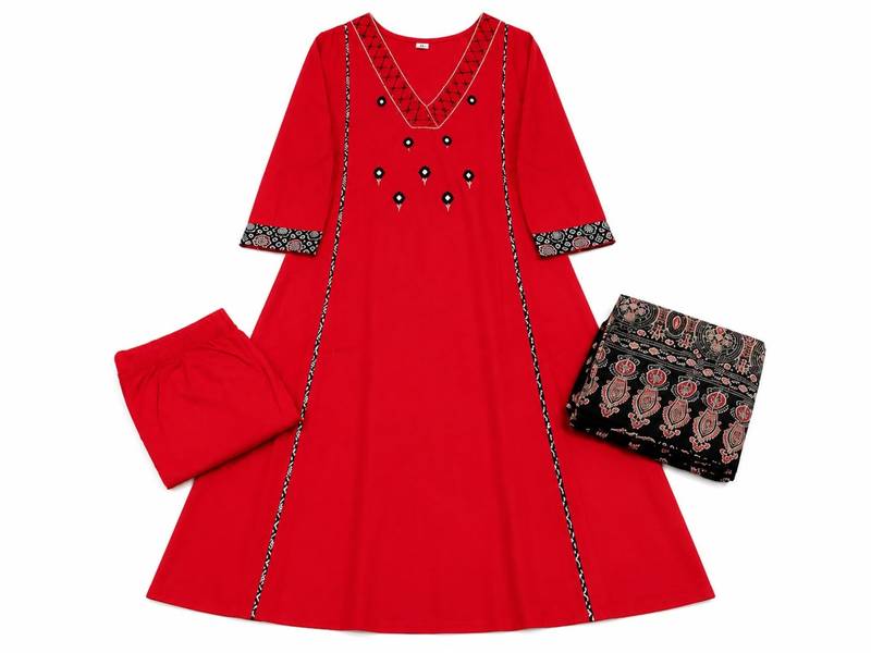 Floral embroidered v neck cotton kurta trouser & dupatta set