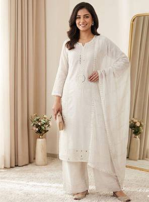 white color sequence embroidery and mirror work chanderi salwar suit 1