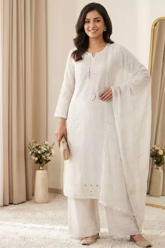 white color sequence embroidery and mirror work chanderi salwar suit