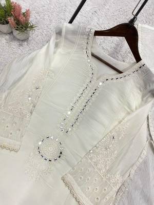 white color sequence embroidery and mirror work chanderi salwar suit 2