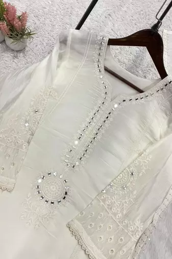 white color sequence embroidery and mirror work chanderi salwar suit