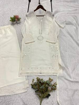 white color sequence embroidery and mirror work chanderi salwar suit 3