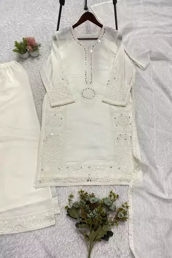 white color sequence embroidery and mirror work chanderi salwar suit