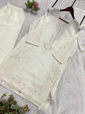 white color sequence embroidery and mirror work chanderi salwar suit 4