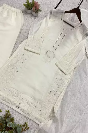 white color sequence embroidery and mirror work chanderi salwar suit