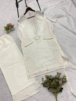white color sequence embroidery and mirror work chanderi salwar suit 5