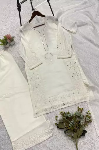 white color sequence embroidery and mirror work chanderi salwar suit