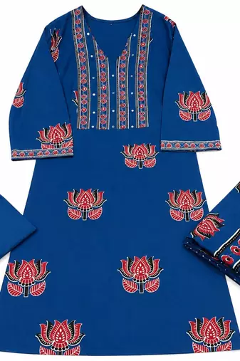 Floral embroidered cotton v neck blue kurta trouser & dupatta set