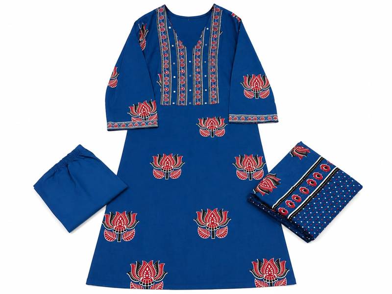 Floral embroidered cotton v neck blue kurta trouser & dupatta set