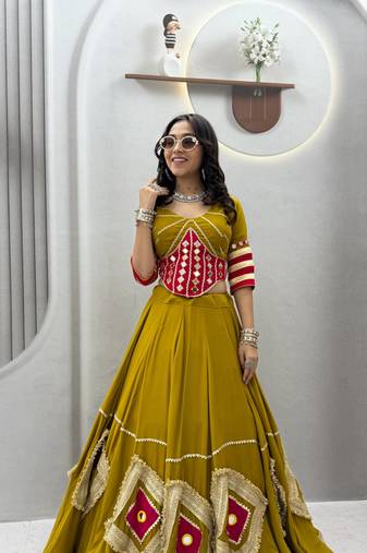 Mustard Heavy Miror Hand Work & Readymade lace Cotton Lahenga Top