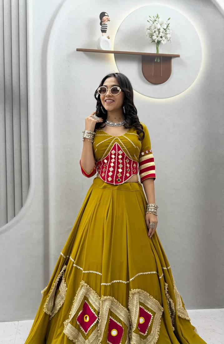 Mustard Heavy Miror Hand Work & Readymade lace Cotton Lahenga Top