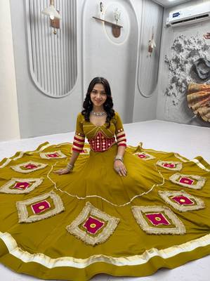 Mustard Heavy Miror Hand Work & Readymade lace Cotton Lahenga Top 2