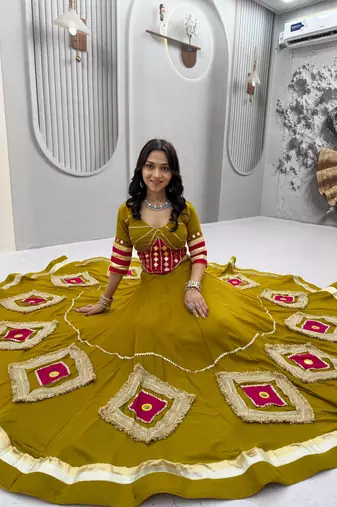 Mustard Heavy Miror Hand Work & Readymade lace Cotton Lahenga Top