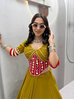 Mustard Heavy Miror Hand Work & Readymade lace Cotton Lahenga Top 3