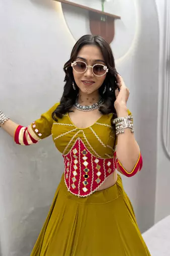Mustard Heavy Miror Hand Work & Readymade lace Cotton Lahenga Top