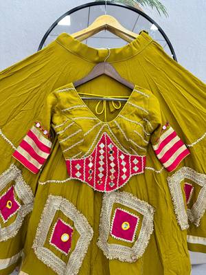 Mustard Heavy Miror Hand Work & Readymade lace Cotton Lahenga Top 4