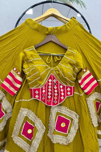 Mustard Heavy Miror Hand Work & Readymade lace Cotton Lahenga Top