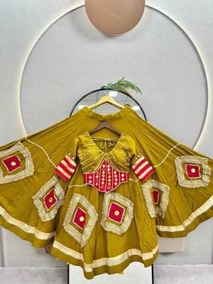 Mustard Heavy Miror Hand Work & Readymade lace Cotton Lahenga Top 5
