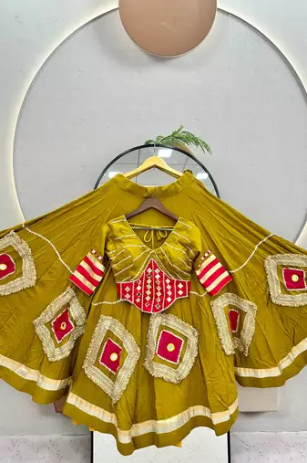 Mustard Heavy Miror Hand Work & Readymade lace Cotton Lahenga Top