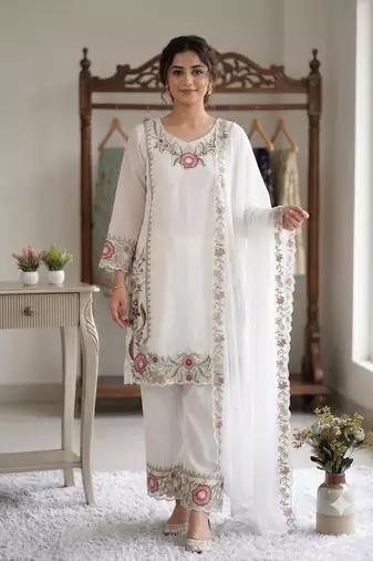 white color  embroidery r work georgette salwar suit