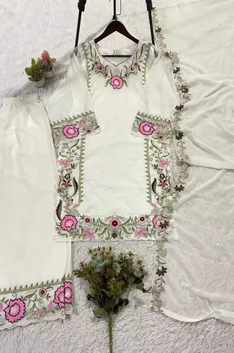 white color  embroidery r work georgette salwar suit
