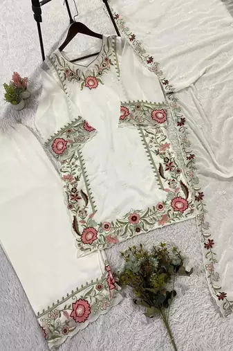 white color  embroidery r work georgette salwar suit