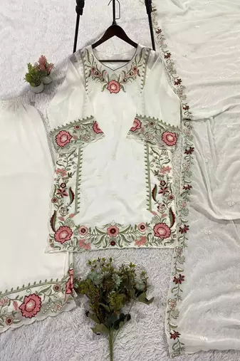 white color  embroidery r work georgette salwar suit