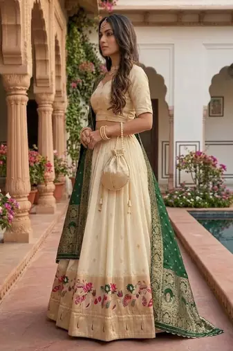 Green Zari Woven Paithani Silk Designer Lehenga with Unstitched Blouse