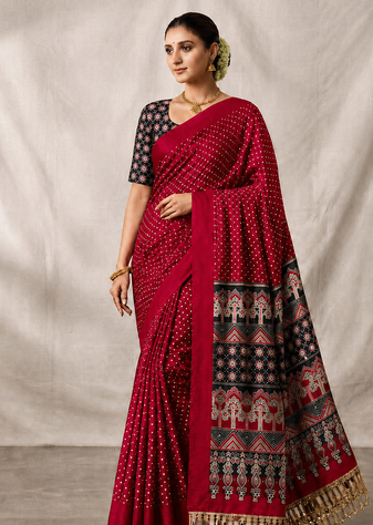 Maroon Color Printed And Mirror Work Silk Blend Saree