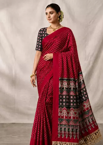 Maroon Color Printed And Mirror Work Silk Blend Saree