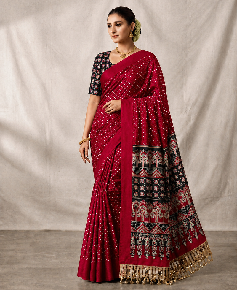 Maroon Color Printed And Mirror Work Silk Blend Saree