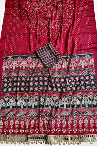 Maroon Color Printed And Mirror Work Silk Blend Saree