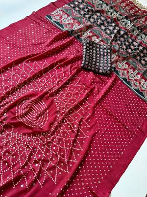 Maroon Color Printed And Mirror Work Silk Blend Saree 3