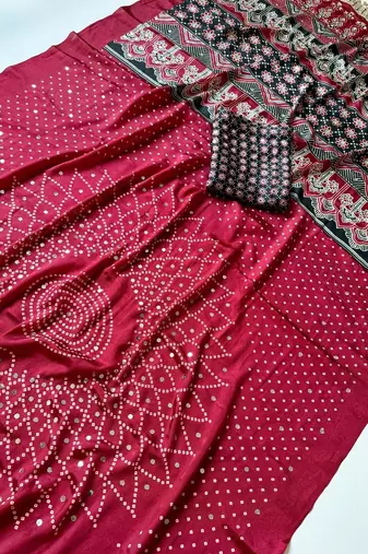 Maroon Color Printed And Mirror Work Silk Blend Saree