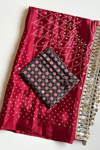 Maroon Color Printed And Mirror Work Silk Blend Saree