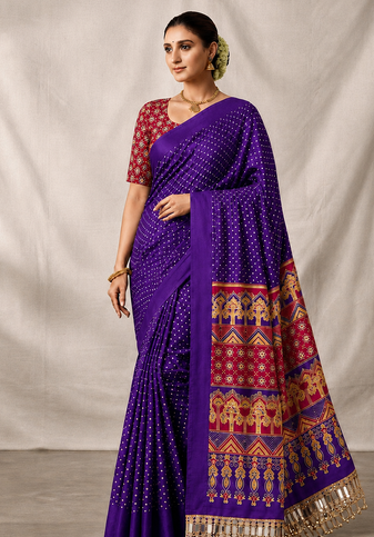 Purple Color Printed And Mirror Work Silk Blend Saree