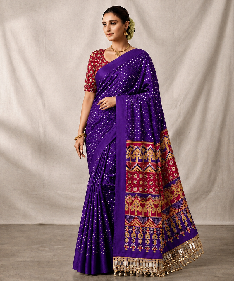 Purple Color Printed And Mirror Work Silk Blend Saree