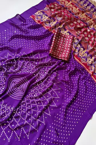 Purple Color Printed And Mirror Work Silk Blend Saree