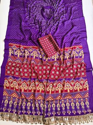Purple Color Printed And Mirror Work Silk Blend Saree 3