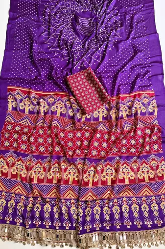 Purple Color Printed And Mirror Work Silk Blend Saree