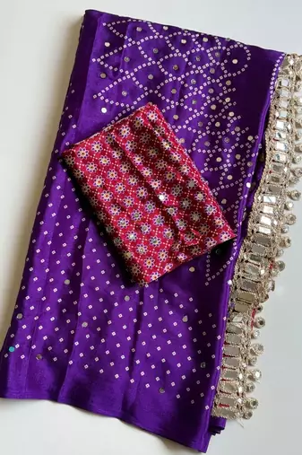 Purple Color Printed And Mirror Work Silk Blend Saree