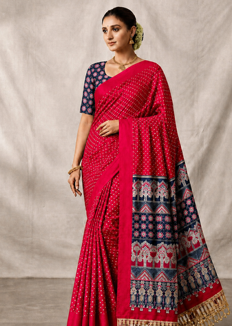 Rani Pink Color Printed And Mirror Work Silk Blend Saree