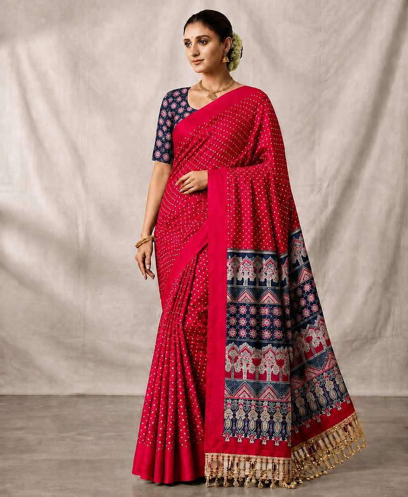 Rani Pink Color Printed And Mirror Work Silk Blend Saree