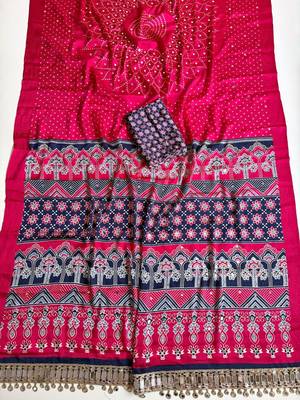 Rani Pink Color Printed And Mirror Work Silk Blend Saree 2